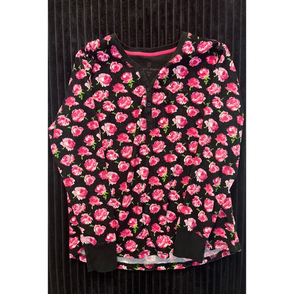 Betsey Johnson Women’s XL Black Floral Ribbed 2-Piece Pajama Set – Long Sleeve - Picture 2 of 8